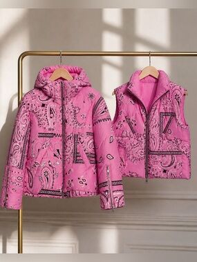 Khrisjoy Kids Pink Bandana Puffer Jacket + Vest Bundle Size 12Y Designer Set